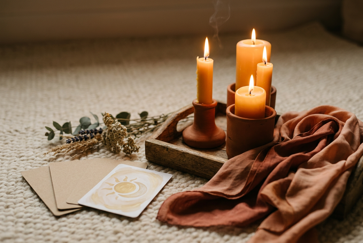 Bougies allumées, cartes oracles, branches de fleurs séchées et écharpe terracotta posées sur un tapis crème
