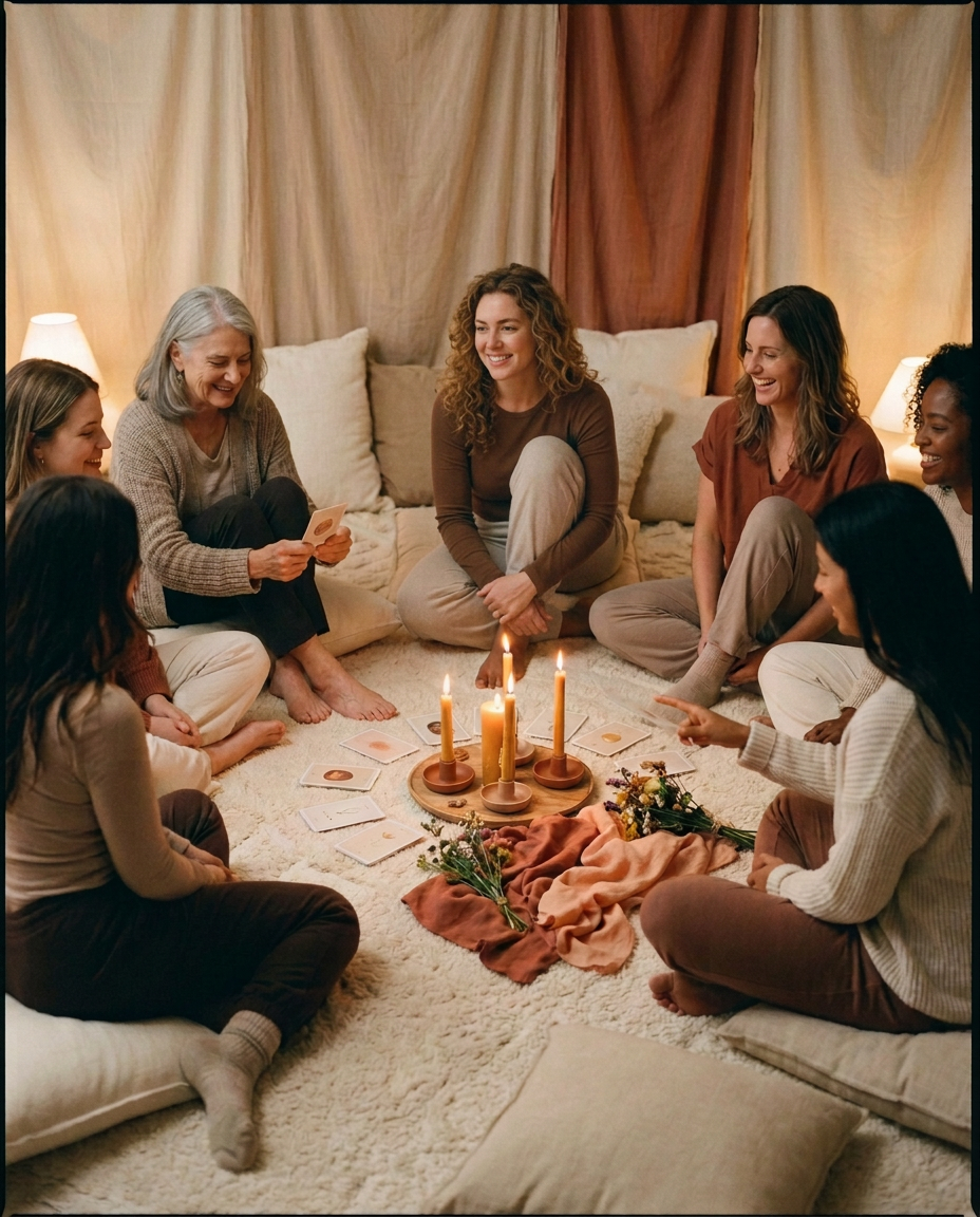 Sept femmes assises en cercle sur des coussins, autour de bougies et de cartes oracles